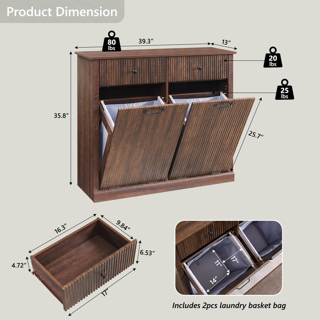 IFBUY Modern Double Tilt-Out Laundry Hamper Cabinet, 20 Gallon Fluted Trash Can Cabinet w/2 Drawers, Wooden Hidden Garbage Can Cabinets w/Laundry Basket, Free Standing for Bathroom and Kitchen, Brown
