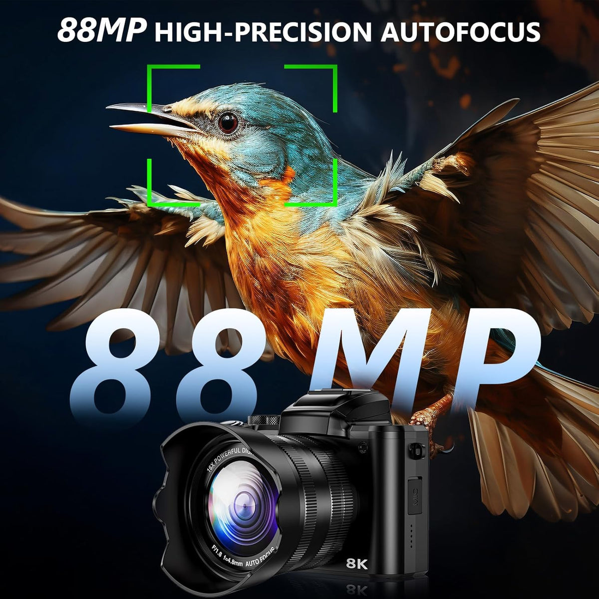 8K Digital Camera, 88MP WiFi Cameras for Photography with 3.2" Touchscreen, 16X Zoom Autofocus Professional Dual Camera, Anti-Shake, 2 Batteries, 64GB Card, Flash, Lens Hood