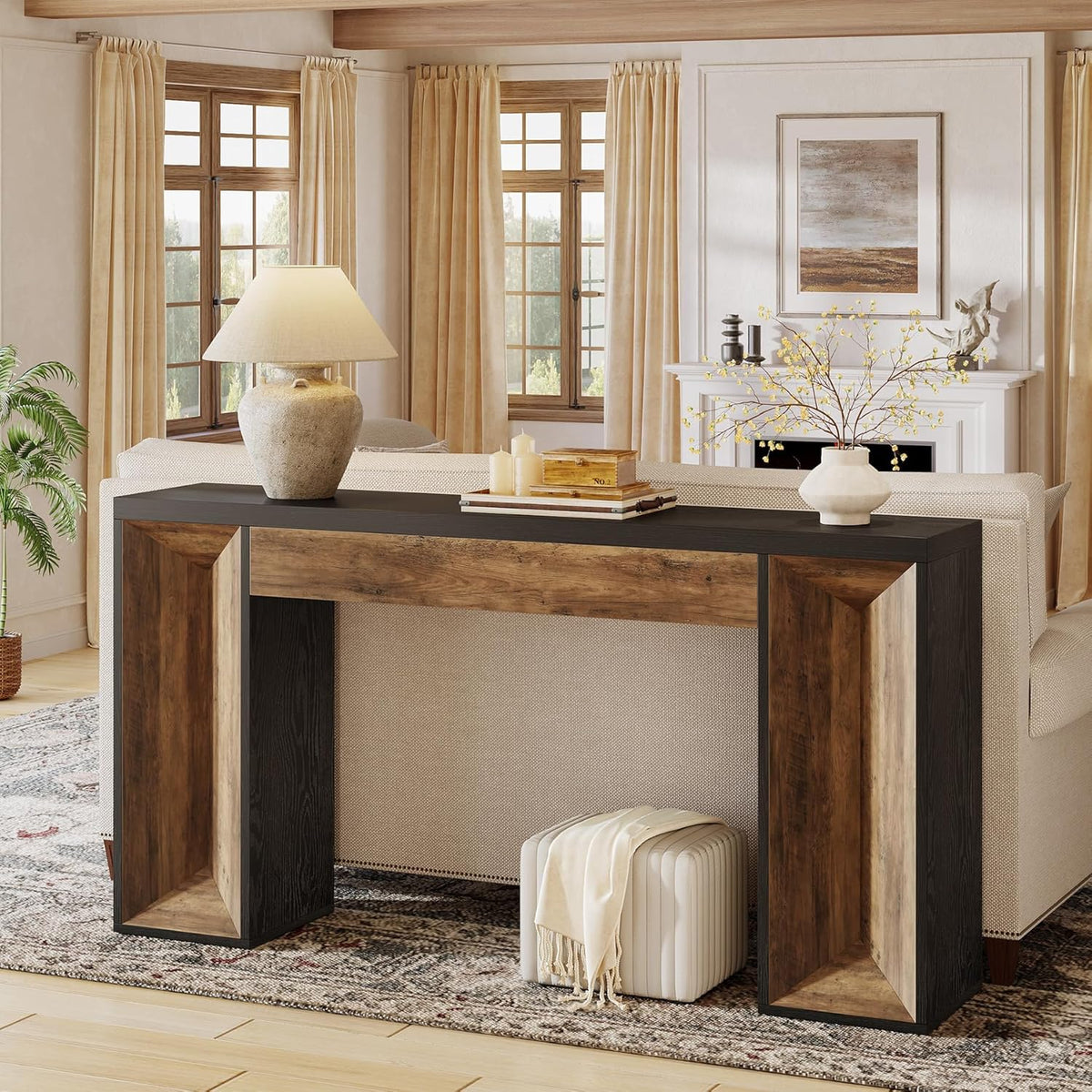 Tribesigns 63-Inch Console Table, Farmhouse Entryway Table with Dual-Tone Design, Rectangular Wood Sofa Table Behind The Couch, Narrow Accent Table for Hallway, Living Room, Foyer, Black and Brown