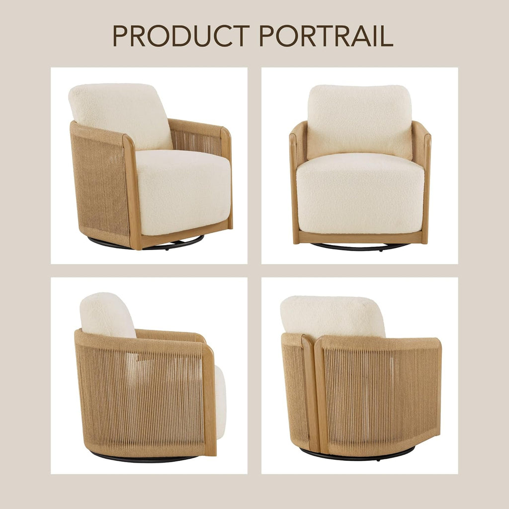 CHITA Braid Swivel Accent Chairs, Modern Comfy Armchair with Transfer-Printed Wood-Like Finish Metal Frame for Living Room and Bedroom, Boho Reading Chair, Cream