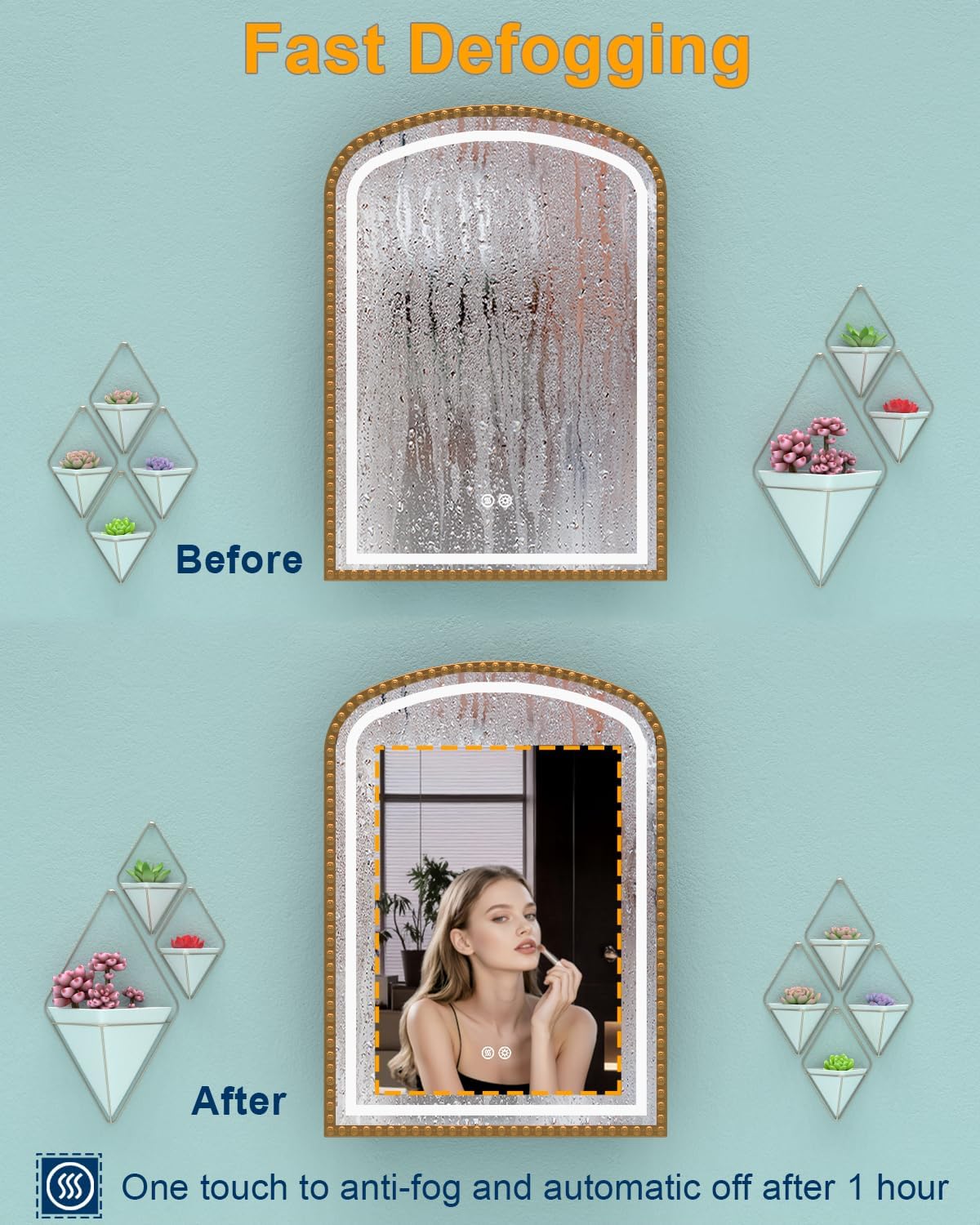 20x28 Inch Arched Medicine Cabinet with Mirror and Lights, LED Bathroom Mirror Cabinet with Defogging & Touch Light, Surface Mount and Recessed with 1 Storage Organizer, Daisy Beaded Frame Bling Gold