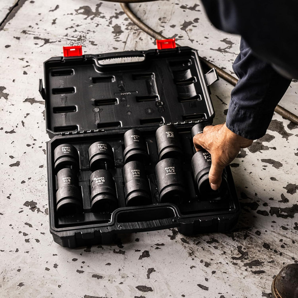 Sunex 5690A, 1 Inch Drive Heavy Duty Wheel Impact Socket Set, 10-Piece, SAE/Metric, Deep/Deep Thin Wall/Square/Controlled Depth, Cr-Mo Steel, Storage Case, Black