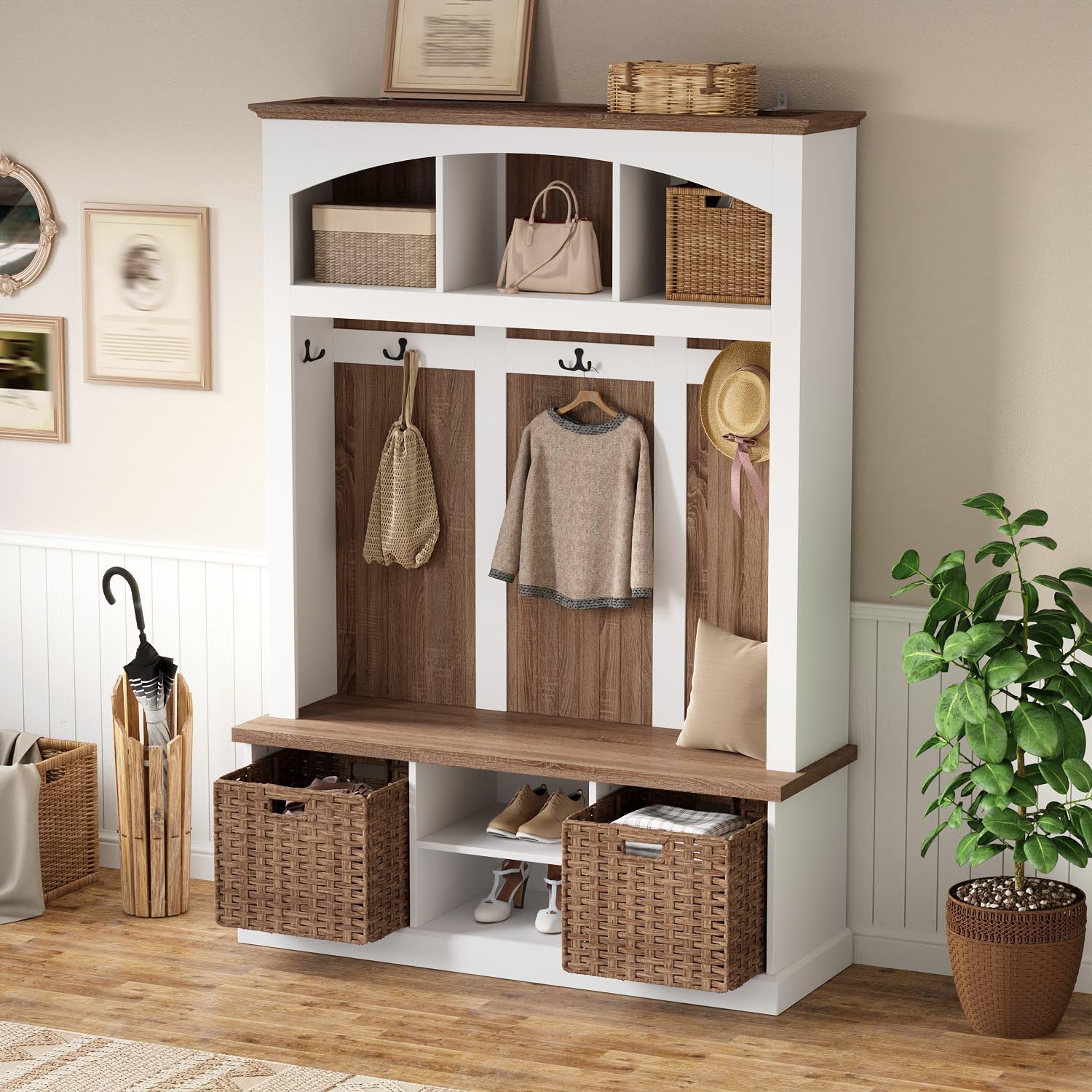 66.9" Tall Hall Tree with Bench and Shoe Storage, Modern Entryway Mudroom Furniture with Coat Rack and 2 Rattan Baskets, White and Oak Home Organizer with 5 Hooks for Foyer