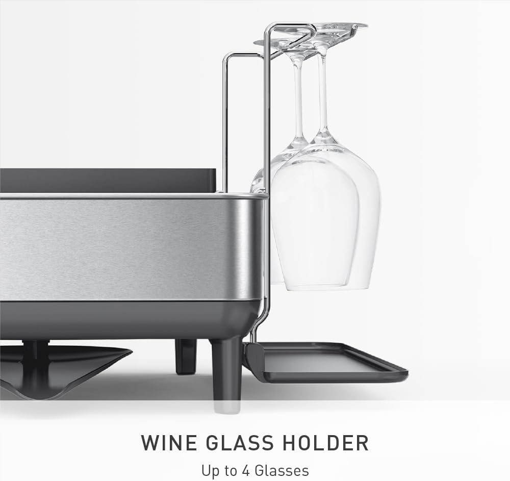 simplehuman Steel Frame Dishrack, Large Capacity Dish Drying Rack, 360º Easy Drain Swivel Spout, Utensil & Wine Glass Holder, Anti-Residue Coating, Moisture Control Surface, Brushed Stainless Steel