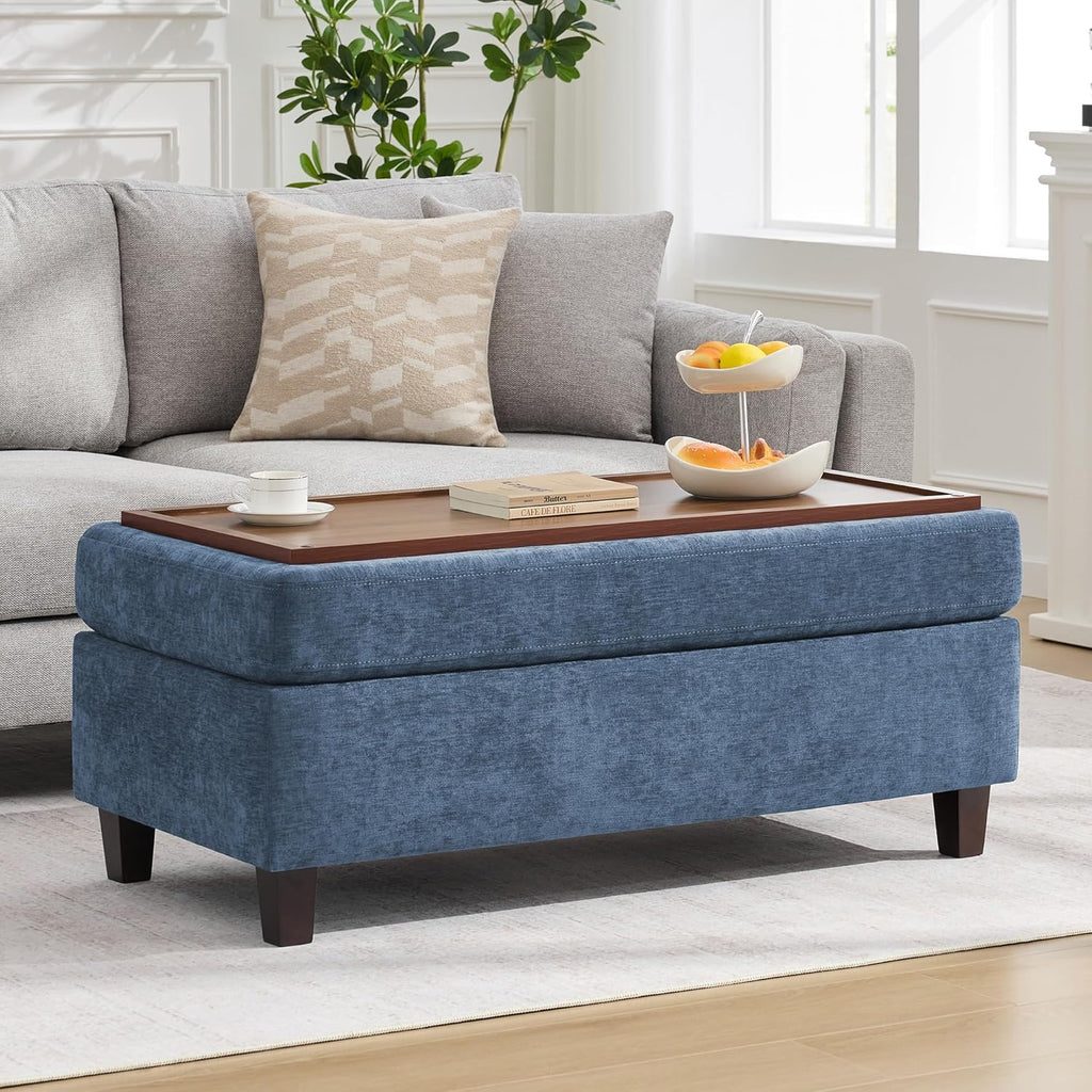 45 Inch Large Storage Ottoman Bench with Wooden Tray Coffee Table, Blue Chenille Upholstered Foot Rest, Multifunctional Foot Stool Ottoman for Living Room, Bedroom & Entryway, Solid Wood Legs