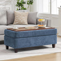 45 Inch Large Storage Ottoman Bench with Wooden Tray Coffee Table, Blue Chenille Upholstered Foot Rest, Multifunctional Foot Stool Ottoman for Living Room, Bedroom & Entryway, Solid Wood Legs