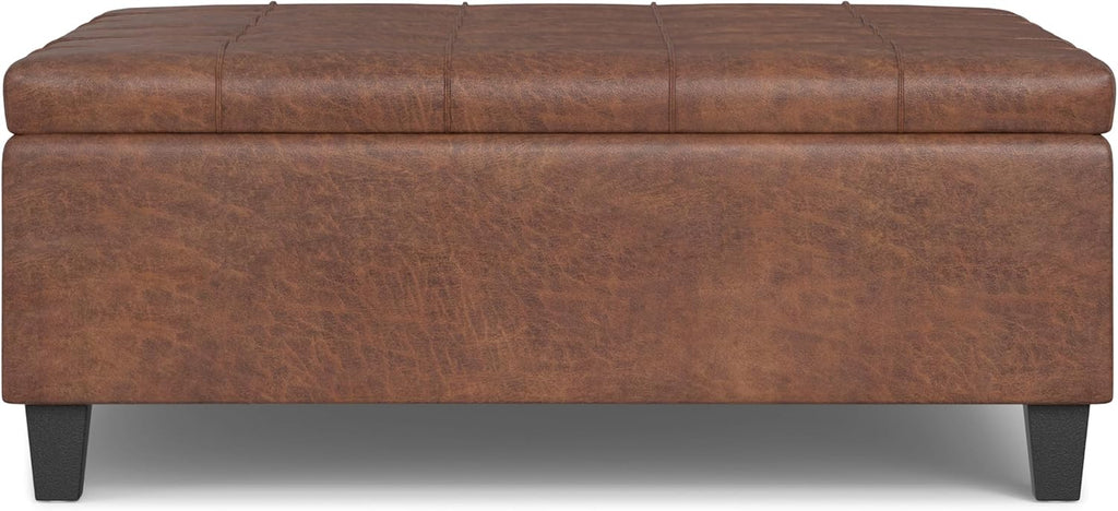 SIMPLIHOME Harrison Large Coffee Table Storage Ottoman - 40 inch Wide Upholstered Vegan Leather Square Lift-Top Ottoman in Distressed Saddle Brown, Transitional Bench for Living Room with Sturdy Base