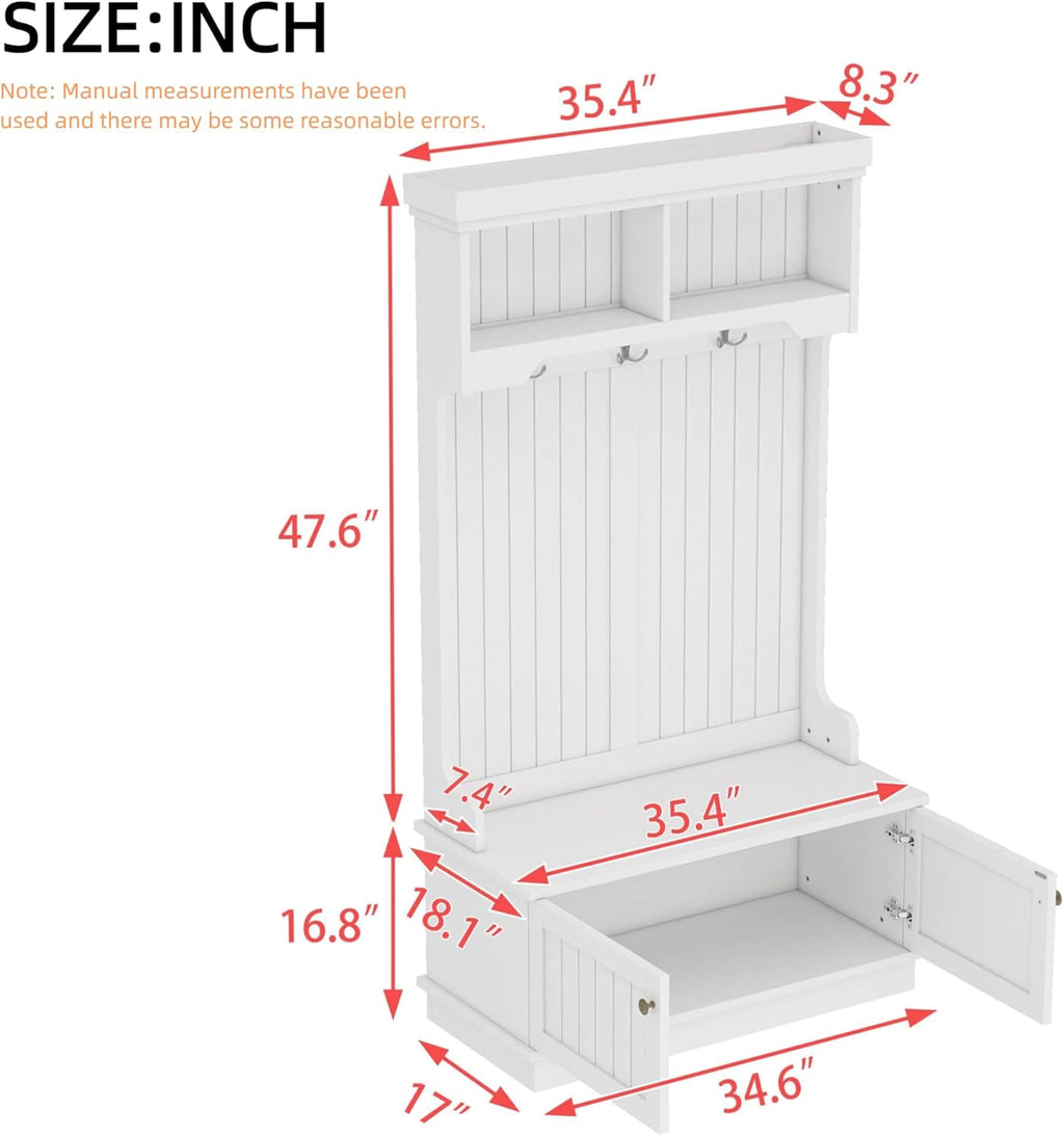 4-in-1 Entryway Hall Tree with Storage Shoe Bench, Coat Rack with Hooks, Open Shelves & Cabinet, Modern Organizer for Mudroom Hallway (White)