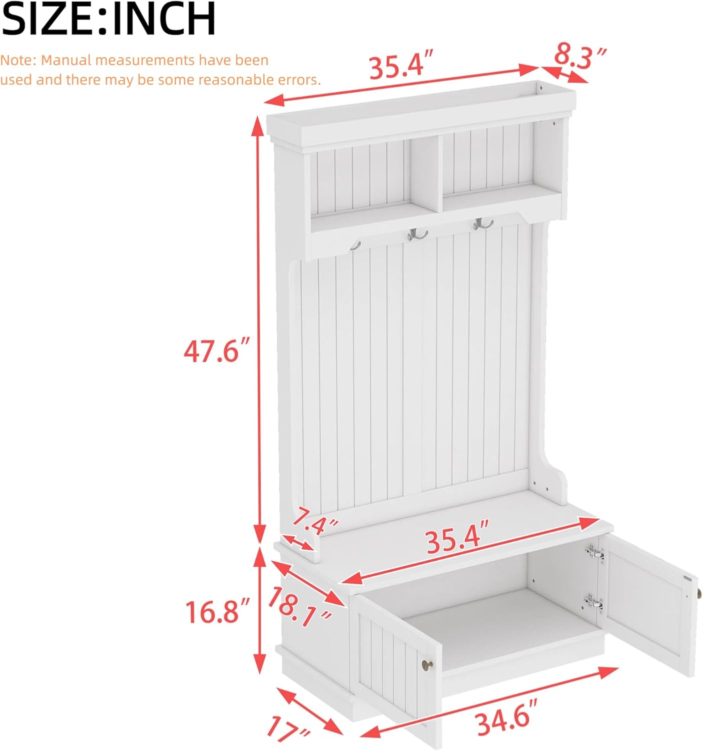 4-in-1 Entryway Hall Tree with Storage Shoe Bench, Coat Rack with Hooks, Open Shelves & Cabinet, Modern Organizer for Mudroom Hallway (White)