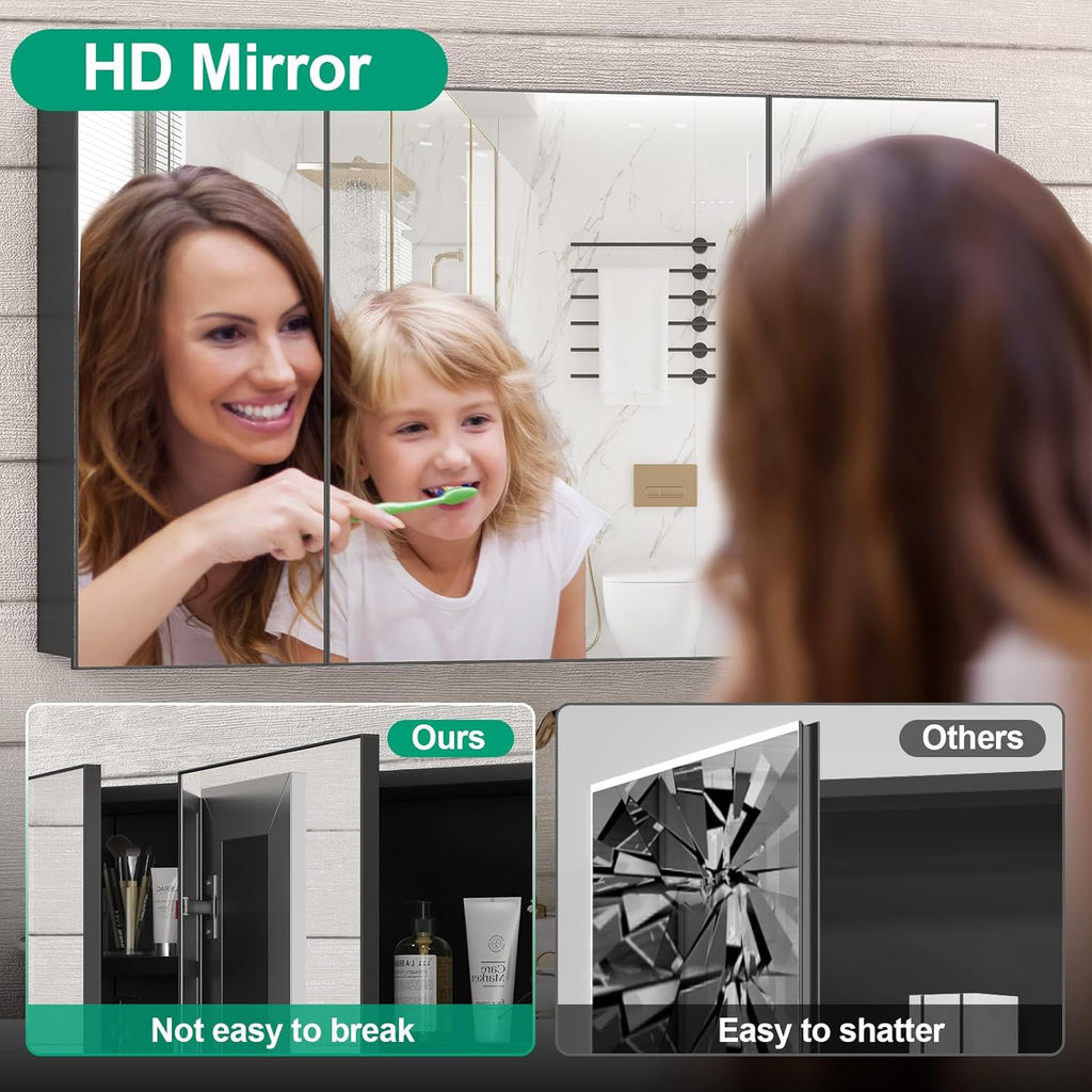 40 x 28 Farmhouse Medicine Cabinet, Tempered Frameless Bathroom Mirror with Storage, Black Recessed or Surface Mount Aluminum Medicine Cabinet for Bathroom Modern-Large