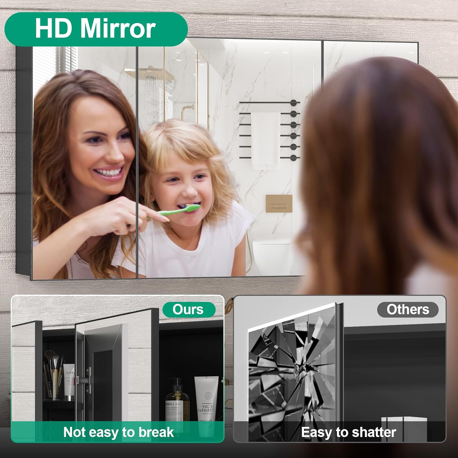 40 x 28 Farmhouse Medicine Cabinet, Tempered Frameless Bathroom Mirror with Storage, Black Recessed or Surface Mount Aluminum Medicine Cabinet for Bathroom Modern-Large