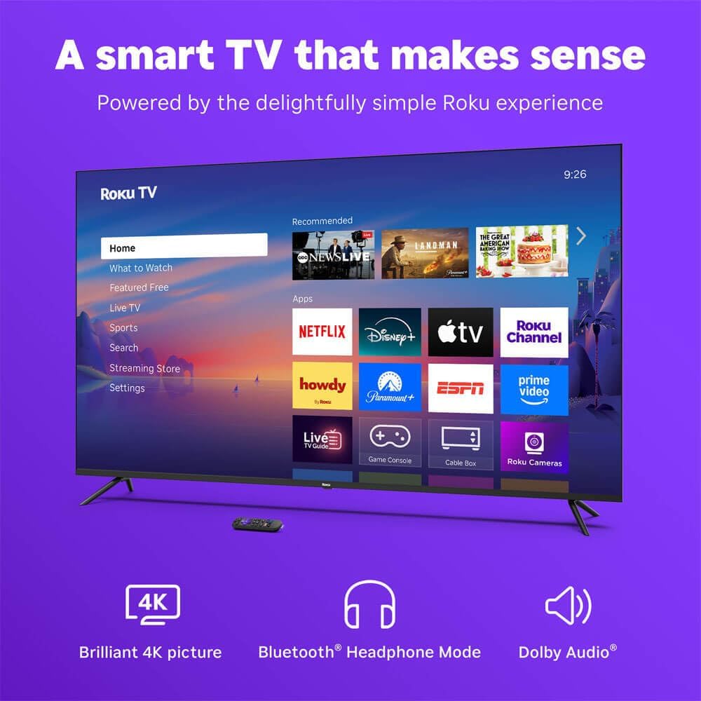 Roku 55-Inch Select Series 4K UHD Smart TV - HDR, Dolby Audio, Compatible with Alexa, Voice Remote, Bluetooth Mode, w/AUX HDMI Cable, CPS 1-Year Protection Plan + Streaming kit