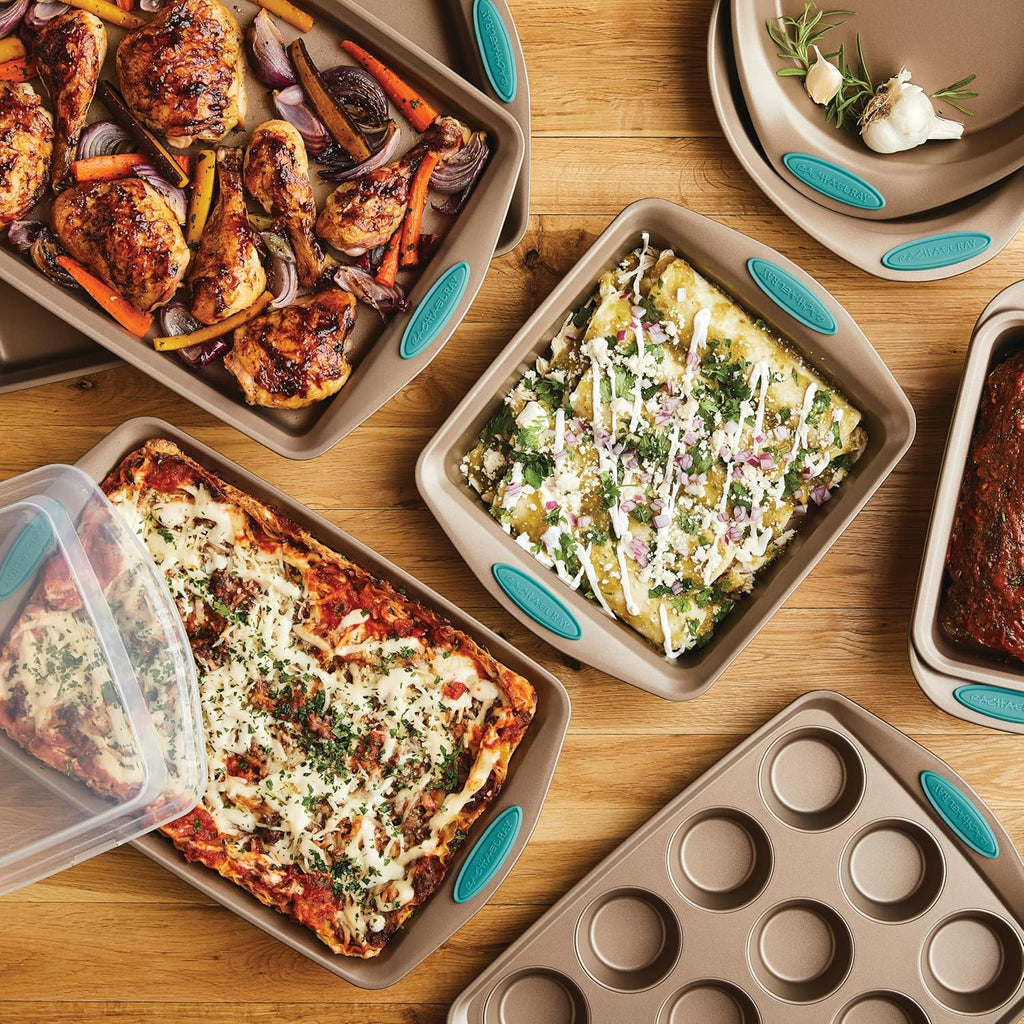 Rachael Ray 47578 Cucina Nonstick Bakeware Set with Grips Includes Nonstick Bread Pan, Baking Sheet, Cookie Sheet, Baking Pans, Cake Pan and Muffin Pan - 10 Piece, Latte Brown with Agave Blue Grips