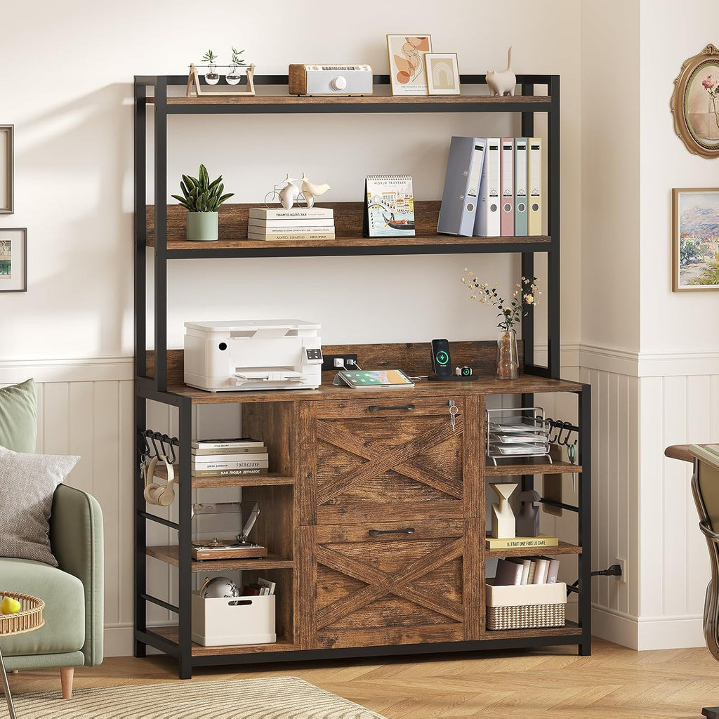 SEDETA File Cabinet, Filing Cabinet fits Legal/Letter/A4 Size, 2 Drawer Filing Cabinets for Home Office with Lock, Power Strip and Open Storage Shelves, Rustic Brown