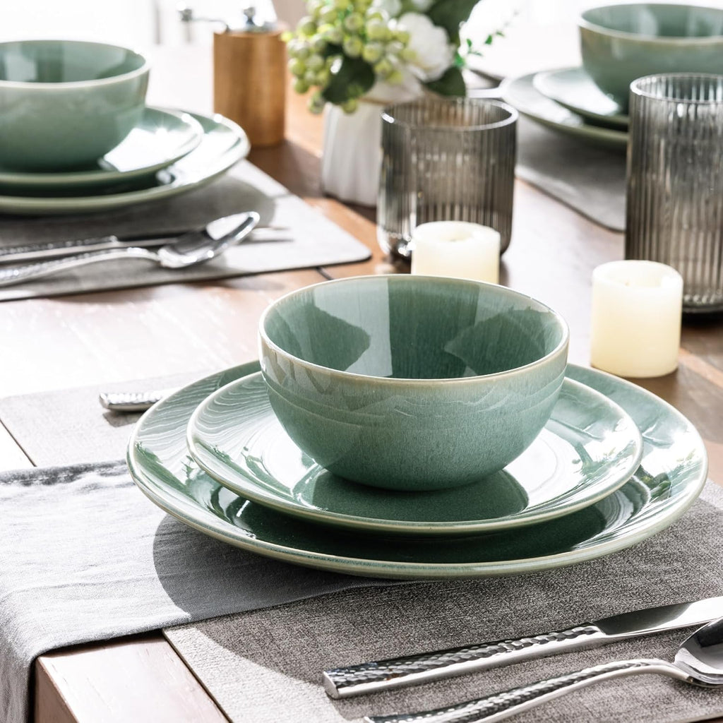 GBHOME Dinnerware Sets with Double Bowls for 6, 24 Pieces Stoneware Plates and Bowls Set, Scratch Resistant Ceramic Dishes Set, Dishwasher & Microwave Safe-Malachite Green