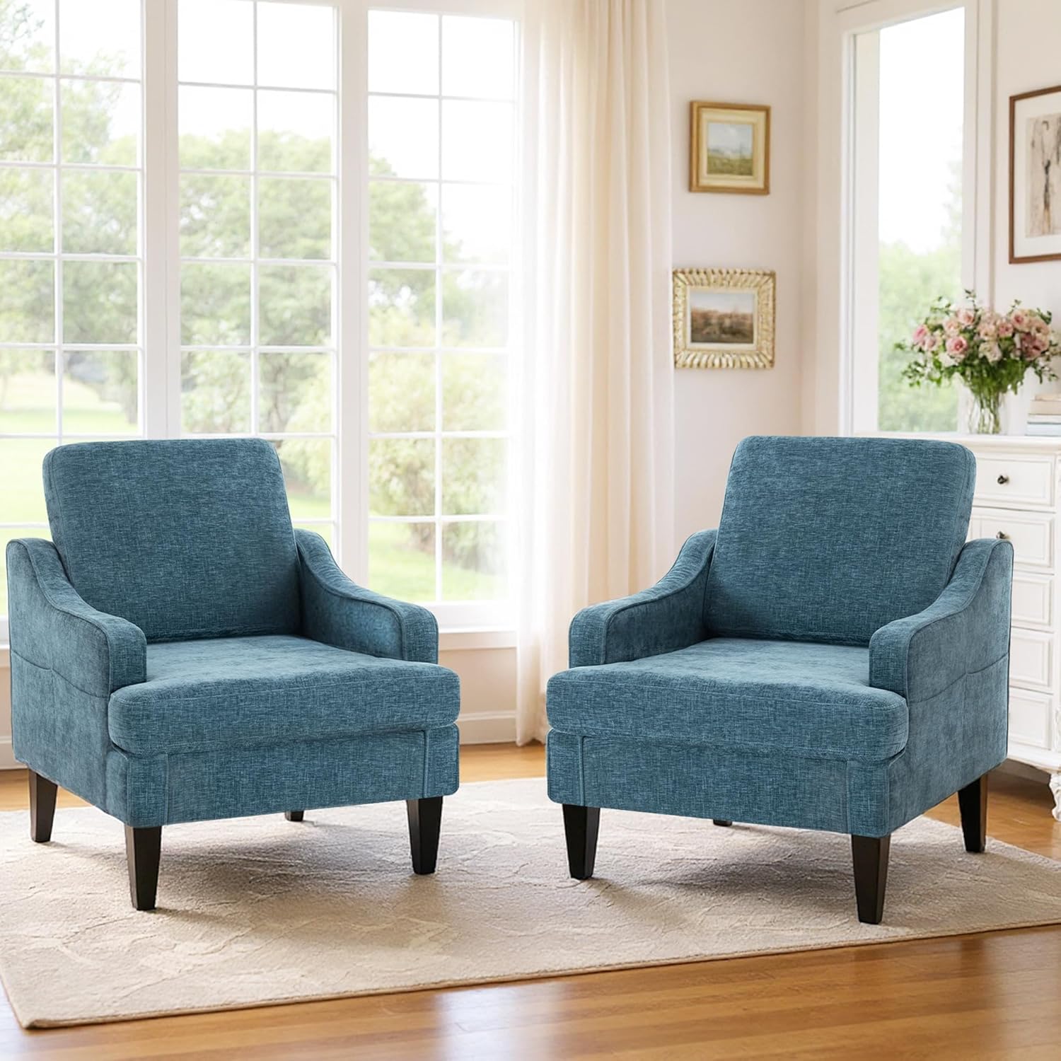 Set of 2 Accent Chair for Living Room,Mid-Century Arm Chair Chenille Fabric Living Room Chairs,Upholstered Reading Chair for Bedroom,Single Sofa Chair with Wood Legs for Apartment (Blue)