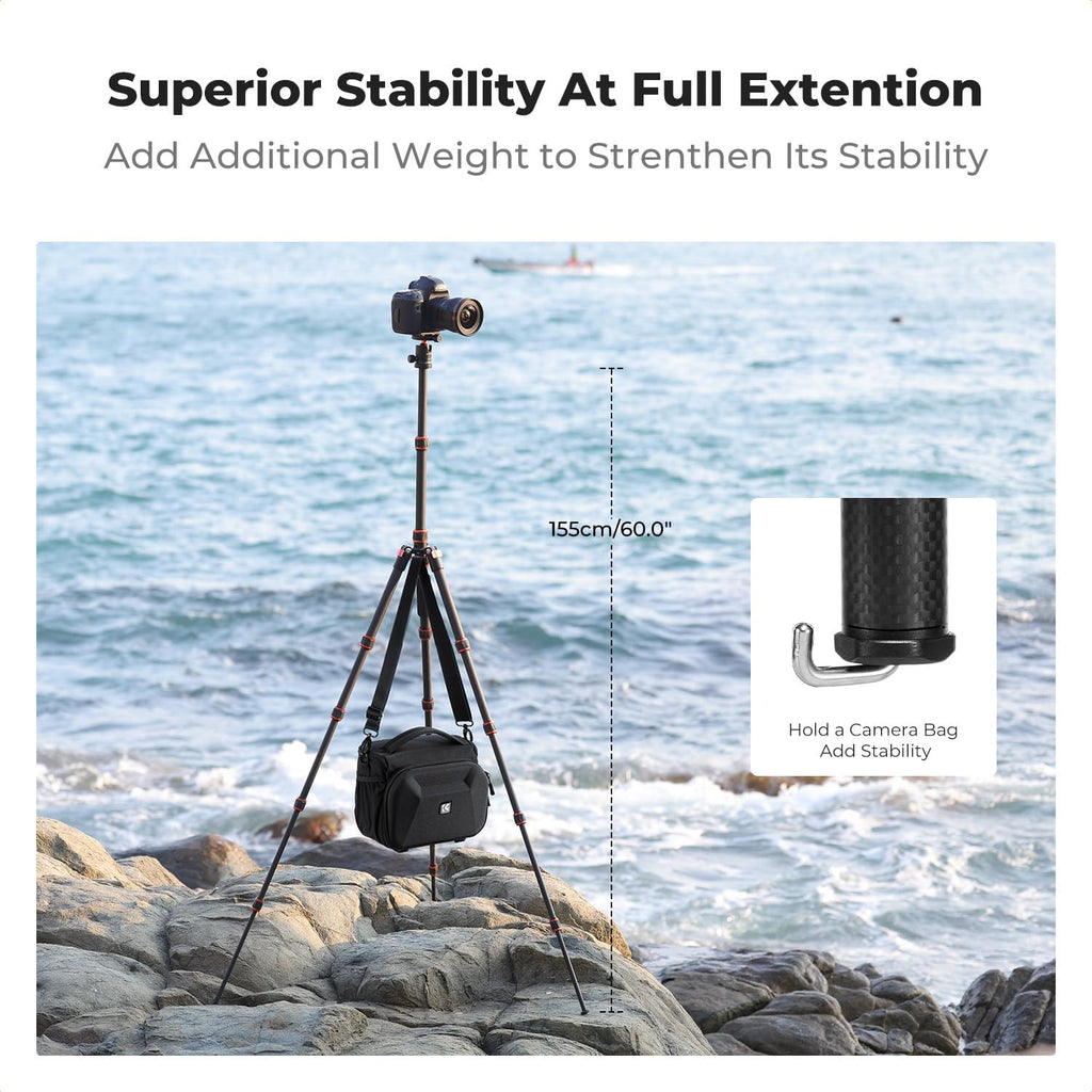 K&F Concept 60 inch Carbon Fiber Camera Tripod,Super Lightweight Compact Travel Tripod with 360 Degree Ball Head,Quick Release Plate,Detachable Monopod 8KG Load Capacity for SLR DSLR C225C0 (BA225)