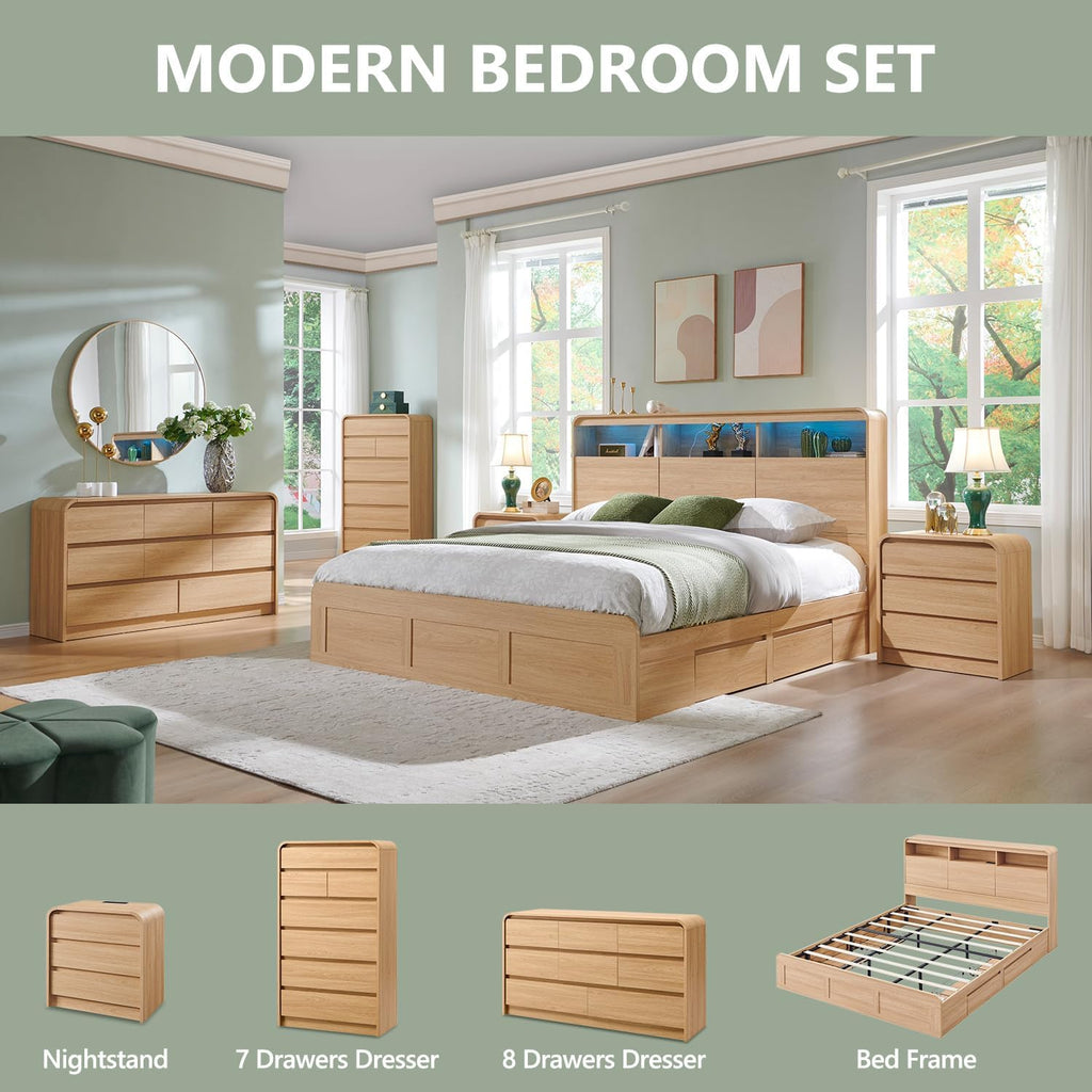 Aitjunz Modern 8 Drawers Dresser for Bedroom, 55" Wide Dressers & Chest of Drawers w/Curved Profile Design, Wood Mid Century Storage Dressers Organizer for Bedroom, Living Room, Natural Oak