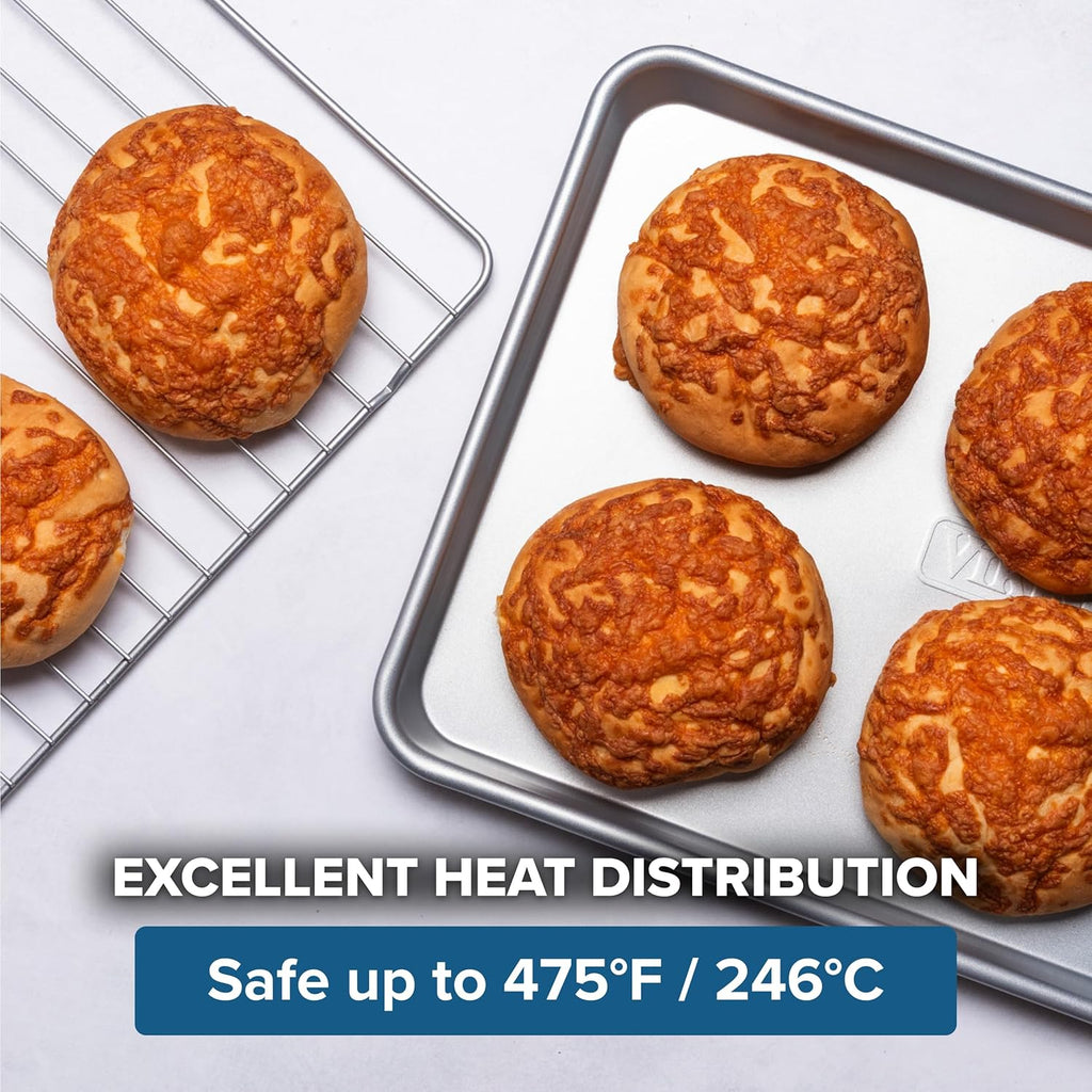 Viking Premium 5-Piece Nonstick Ceramic Baking Pans Set, Made without PFAS, Heavy Gauge Aluminized Steel Bakeware, Baking Sheet, Cooling Rack, Loaf, Muffin and Square Pan, Oven Safe for 475F, Silver