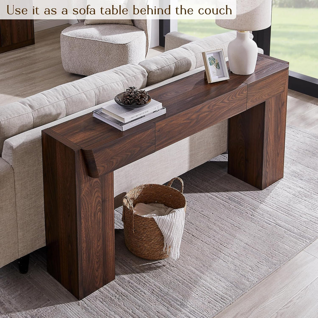 JXQTLINGMU 63" Console Table with Storage Drawer, Modern Entryway Table with Drawers, Thick Wood Legs Design, Sofa Table Behind Couch, Wood Console Tables for Entryway Hallway Living Room, Brown