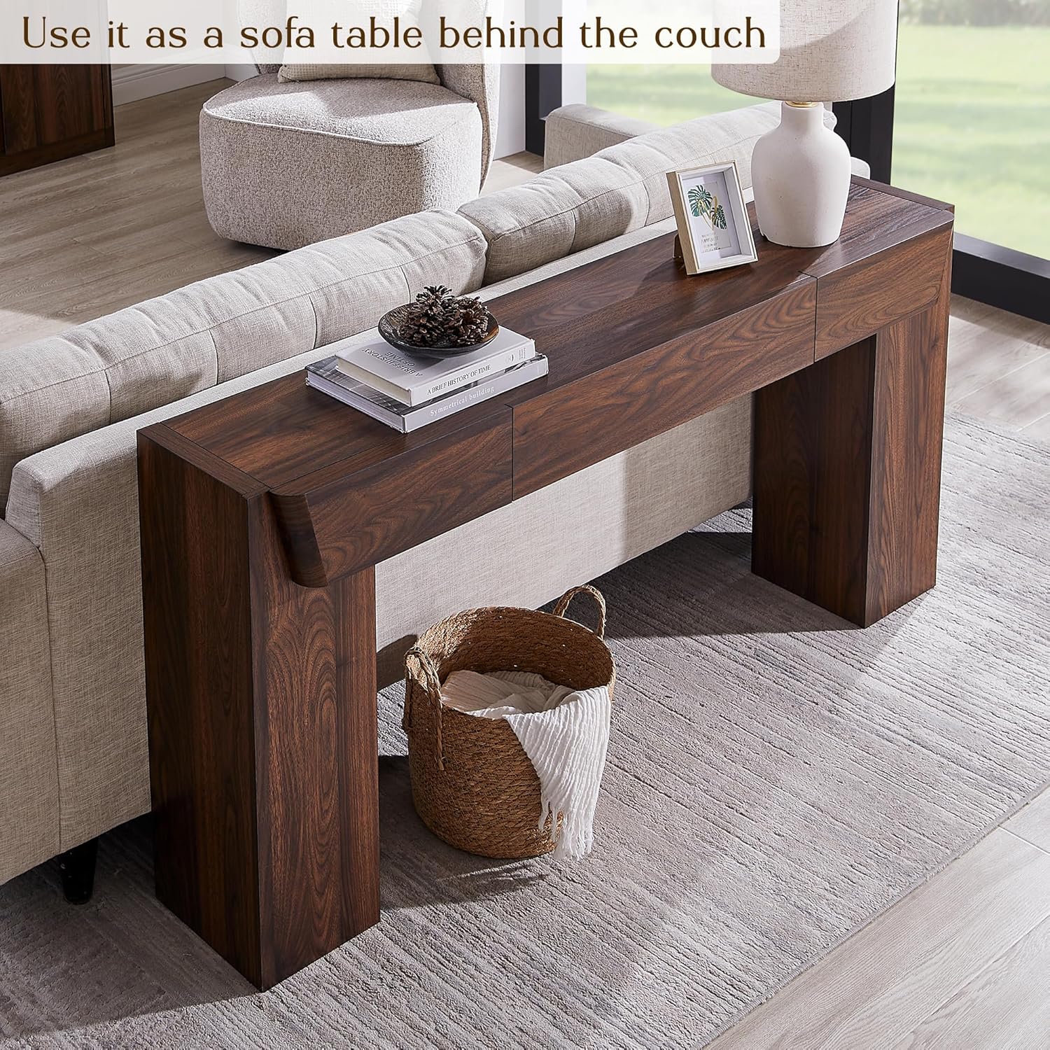 JXQTLINGMU 63" Console Table with Storage Drawer, Modern Entryway Table with Drawers, Thick Wood Legs Design, Sofa Table Behind Couch, Wood Console Tables for Entryway Hallway Living Room, Brown