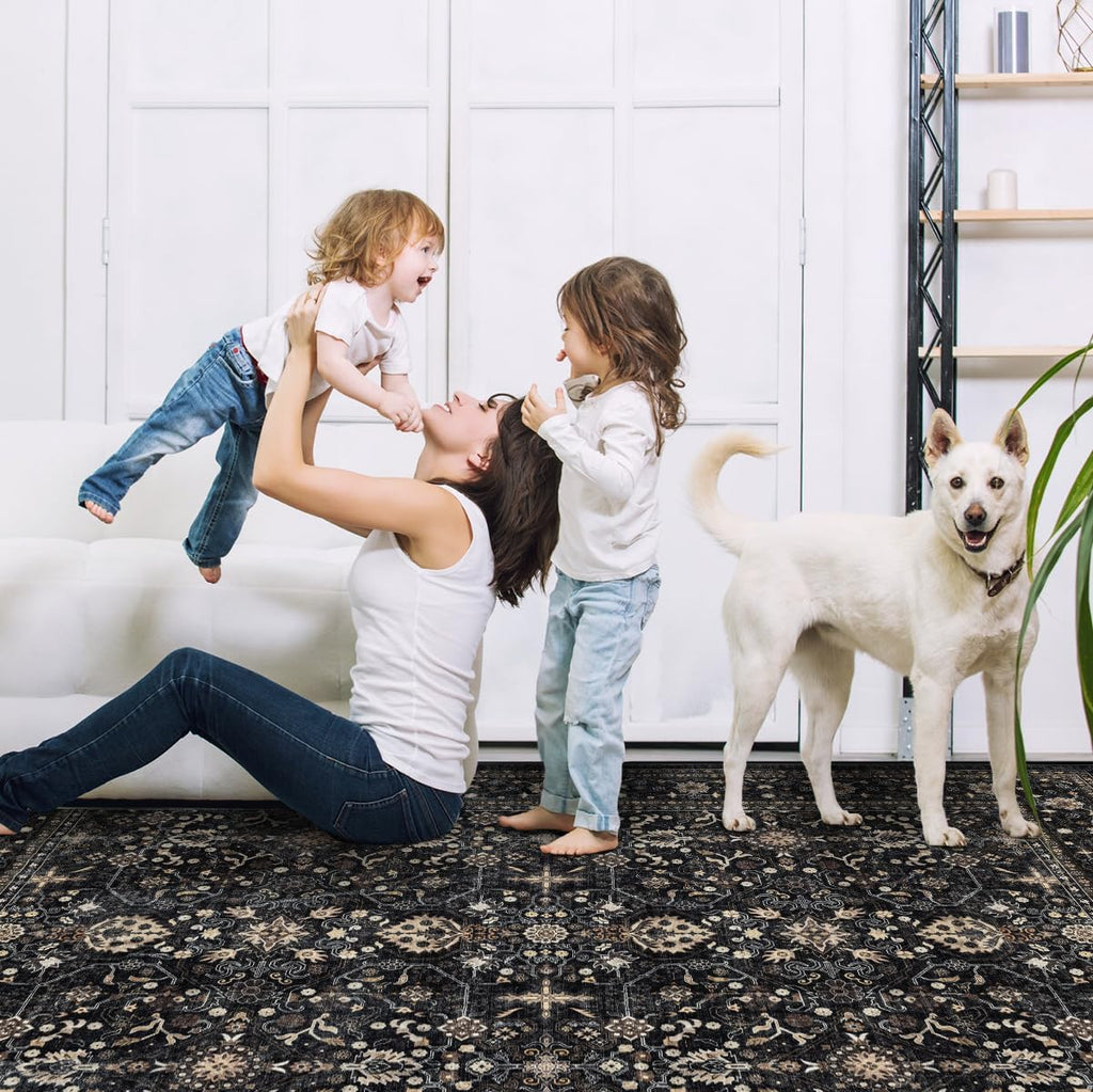 Ruaruarug Washable 10x14 Area Rug for Living Room, Bedroom, Ultra Soft Non Slip Stain & Fade Resistant, Pet & Kids Friendly, Suitable for High Traffic Areas Easy to Clean for Kitchen, Black Grey