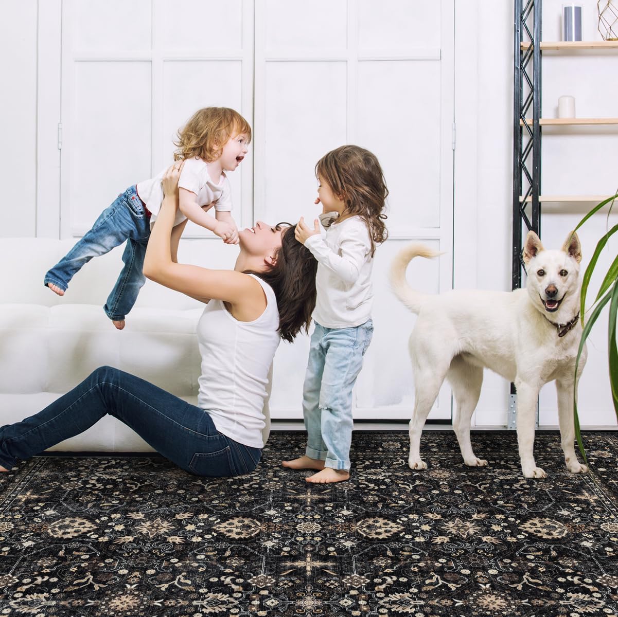 Ruaruarug Washable 10x14 Area Rug for Living Room, Bedroom, Ultra Soft Non Slip Stain & Fade Resistant, Pet & Kids Friendly, Suitable for High Traffic Areas Easy to Clean for Kitchen, Black Grey