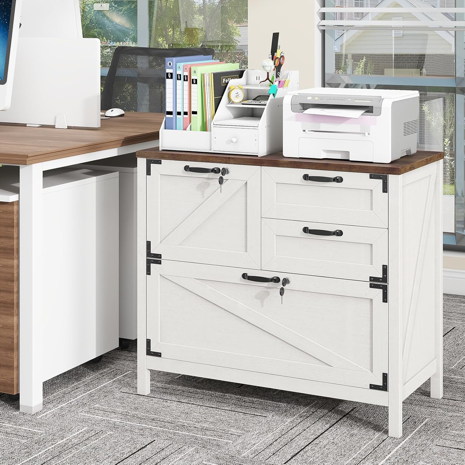 Halitaa Lateral File Cabinet with 4 Drawers, Farmhouse File Cabinet for Letter/Legal/A4 Size Hanging Files, Large Wood File Storage Cabinets Printer Stand for Home Office Cabinets, White with Lock
