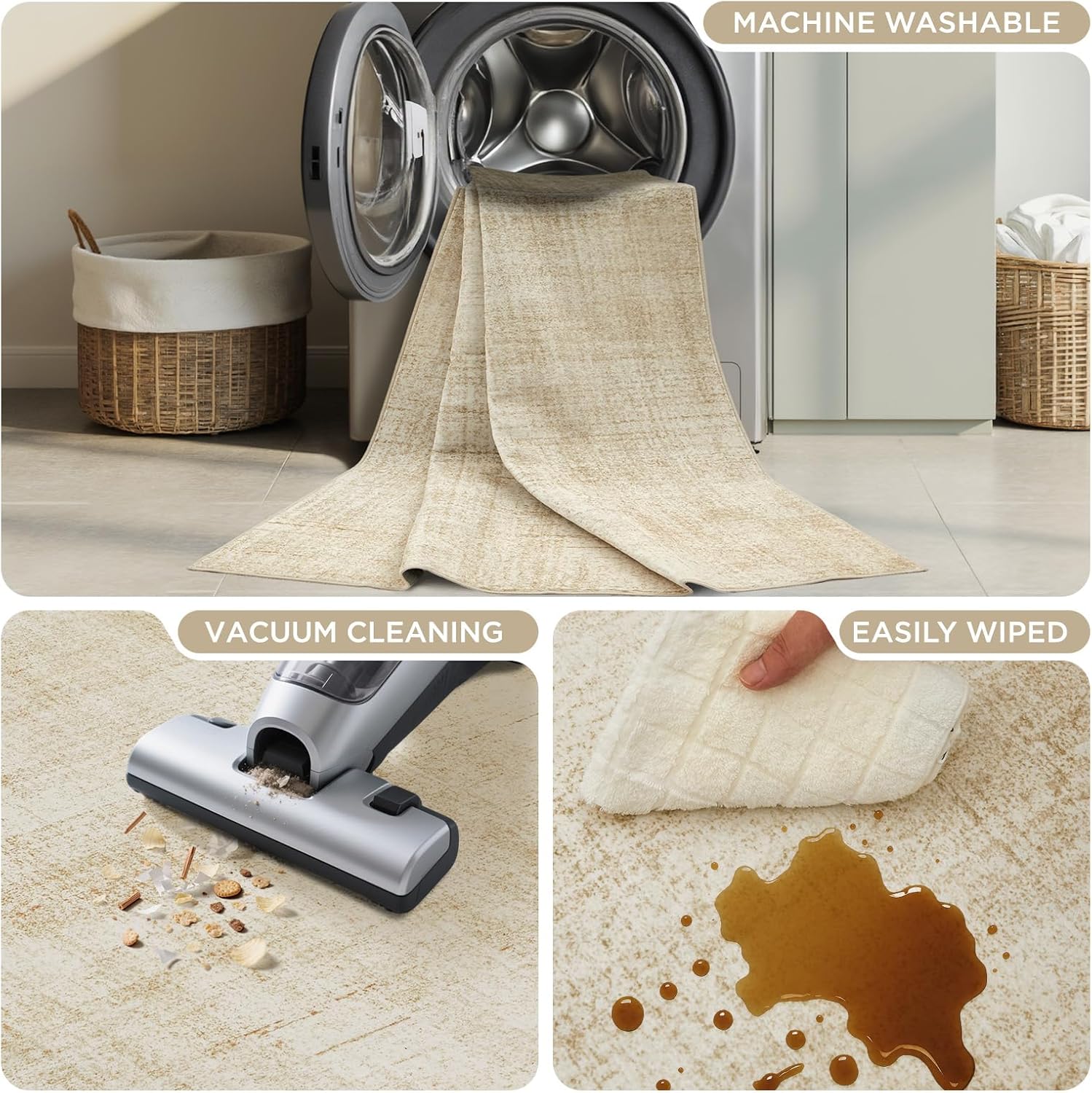 Joydeco 10x14 Area Rugs for Living Room, Non Slip Machine Washable Vintage Rug, Low Pile Chenille Print Rugs for Bedroom, Dining Room, Home Office, Pet & Child Friendly, Beige
