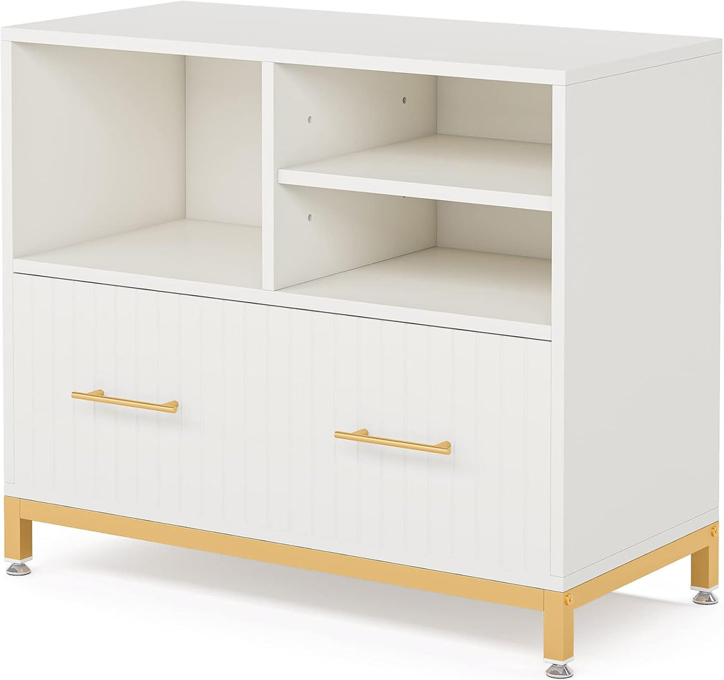 Tribesigns Lateral File Cabinet with Drawer, White Filing Cabinet for Letter/Legal/A4 Size Files, 35.4" Modern Wood File Storage Cabinets Printer Stand with Storage for Home, Office, White Gold
