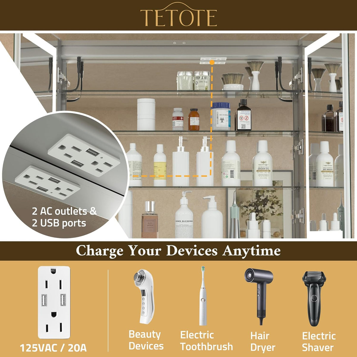 TETOTE LED Lighted Medicine Cabinet Mirror with Tempered Glass 16 x 24 Recessed or Surface Mount Bathroom Cabinet with Lights and Storage, Outlets & USB, 3-Color Dimming, Defog, Adjustable Shelves