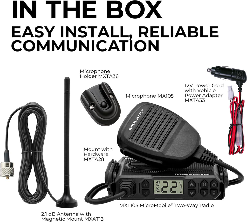 Midland – MXT105 - 5 Watt GMRS MicroMobile Two Way Radio - Off Roading Outdoor RZR Farm Trails Radio - External Magnetic Mount Antenna - NOAA Weather Alerts