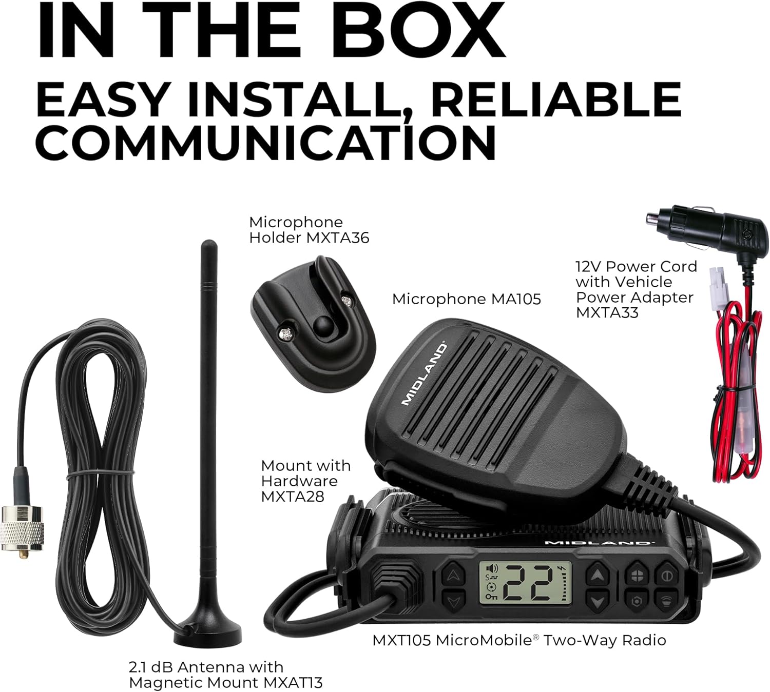 Midland – MXT105 - 5 Watt GMRS MicroMobile Two Way Radio - Off Roading Outdoor RZR Farm Trails Radio - External Magnetic Mount Antenna - NOAA Weather Alerts