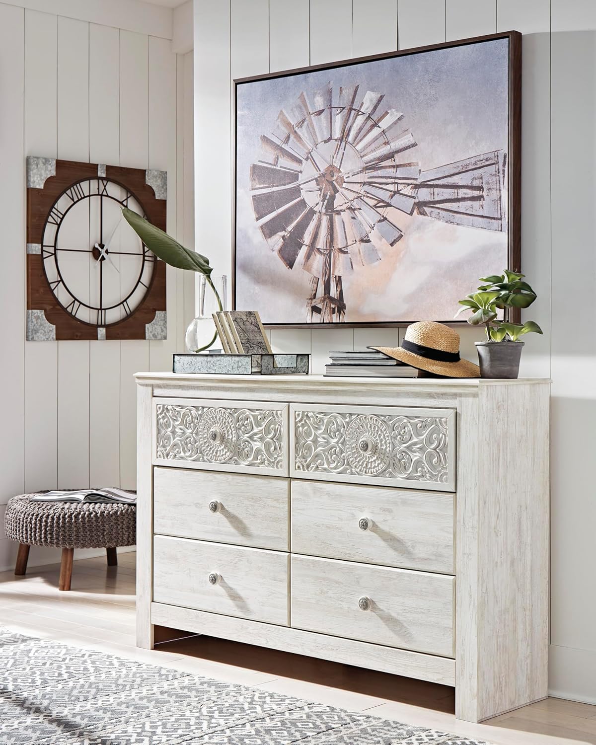 Signature Design by Ashley Paxberry Boho 6 Drawer Dresser, Smooth-gliding Faux Laminate Lined Drawers, Wood, 61.26" W x 15.83" D x 40" H, Whitewash