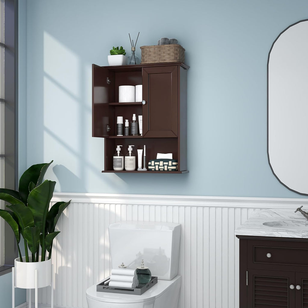 VANIRROR Bathroom Wall Cabinet Expresso Over Toilet Storage - 24x30 in Above Toilet Wood Medicine Cabinet with Adjustable Shelf & 2 Door Mounted Wall Cabinet
