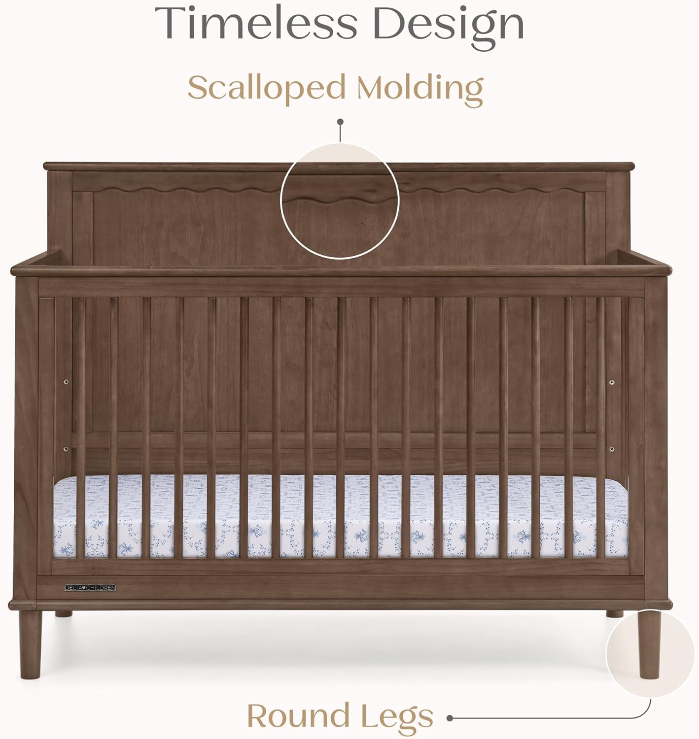 Delta Children Penelope 6-in-1 Convertible Crib - Greenguard Gold Certified, Teak Brown