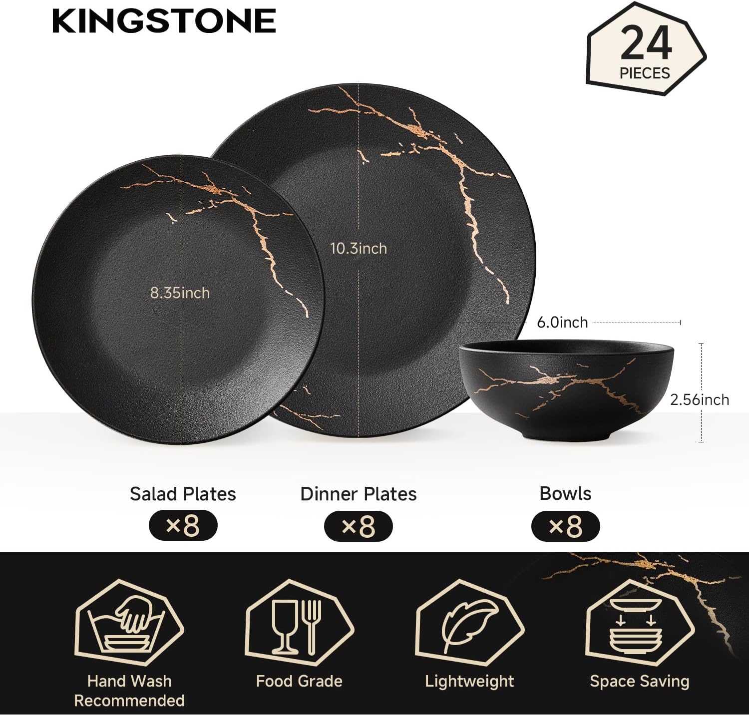 KINGSTONE Dinnerware Sets for 8, Black & Gold Plates and Bowls Sets Matte Vein Dish Set, Modern Luxury Tableware Dinner Salad Plate bowl, for Home Wedding Party Gifts (24 Piece)