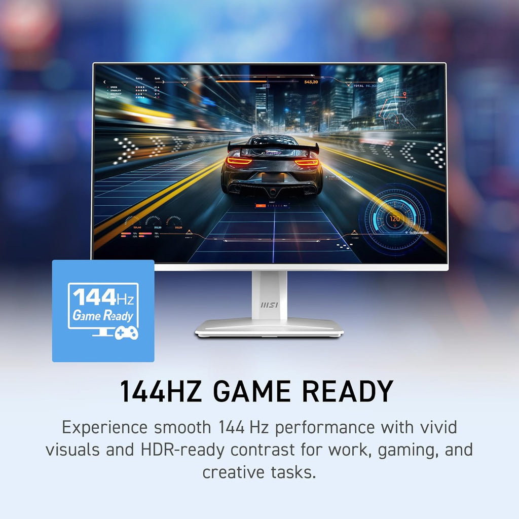 msi PRO MP243W E14 24-inch IPS 1920 x 1080 (FHD) Computer Monitor, 144Hz, Adaptive-Sync, HDR Ready, HDMI, Display Port, VESA Mountable, Tilt, 4-Side Slim Bezel, 1ms, White