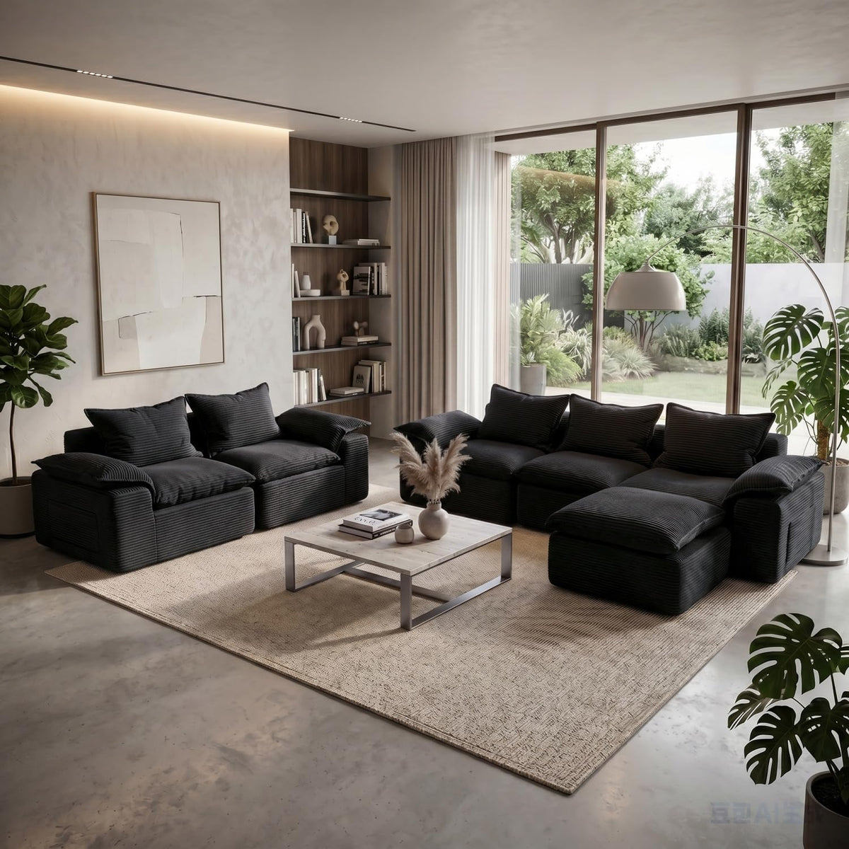 2 Pieces Cloud Sectional Couch Sets, Convertible Modular Sofa with Deep Seat, 104" L-Shaped Boneless Couches and 76" Loveseat Set for Living Room. Black
