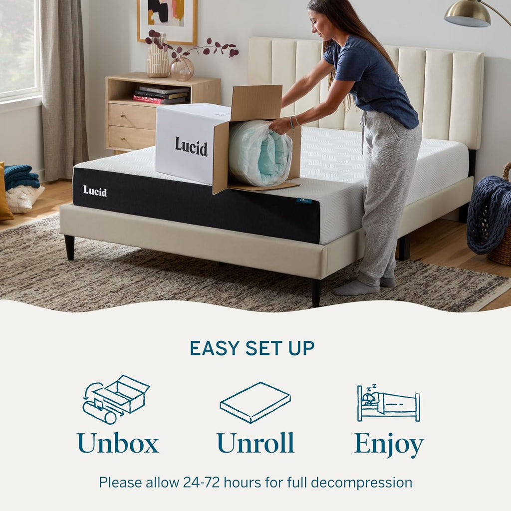 Lucid 4 Inch Memory Foam Mattress Topper, Queen Size – Cooling Gel Bed Topper – Preassure-Relieving Ultra Plush Feel – Ventilated Breathable Design – CertiPur Certified - Dorm Room Essentials