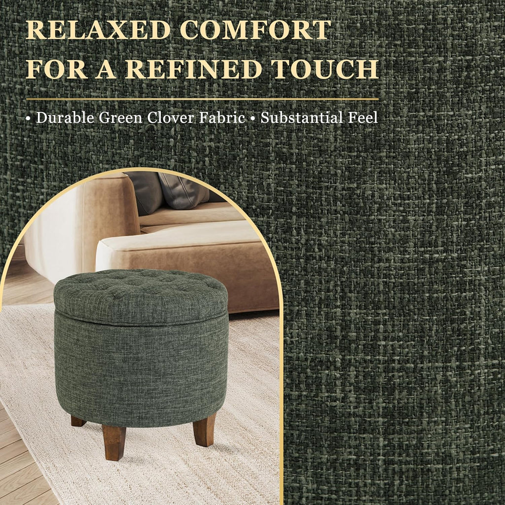 Homepop Home Decor | Upholstered Round Tufted Foot Rest Ottoman | Ottoman with Storage for Living Room & Bedroom | Decorative Home Furniture, Green Clover Fabric