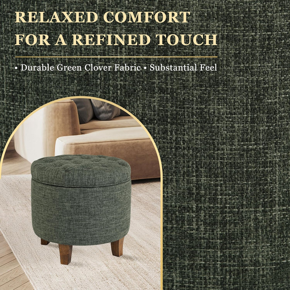 Homepop Home Decor | Upholstered Round Tufted Foot Rest Ottoman | Ottoman with Storage for Living Room & Bedroom | Decorative Home Furniture, Green Clover Fabric