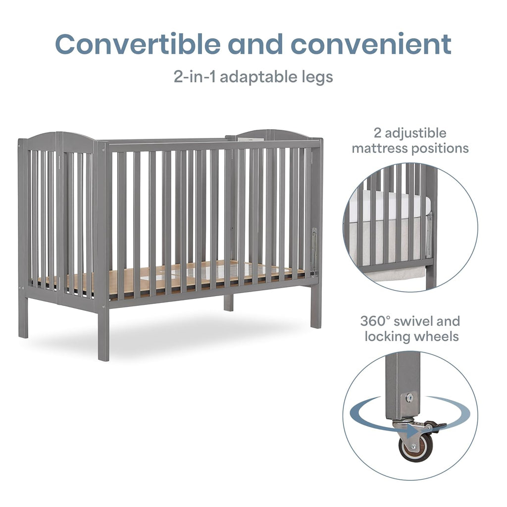 Dream On Me Full-Size 2-in-1 Folding Baby Crib in Steel Grey, GreenGuard Gold & JPMA, Portable, Patented Quick Folding System, Strong Wheels, 2 Adjustable Mattress Heights