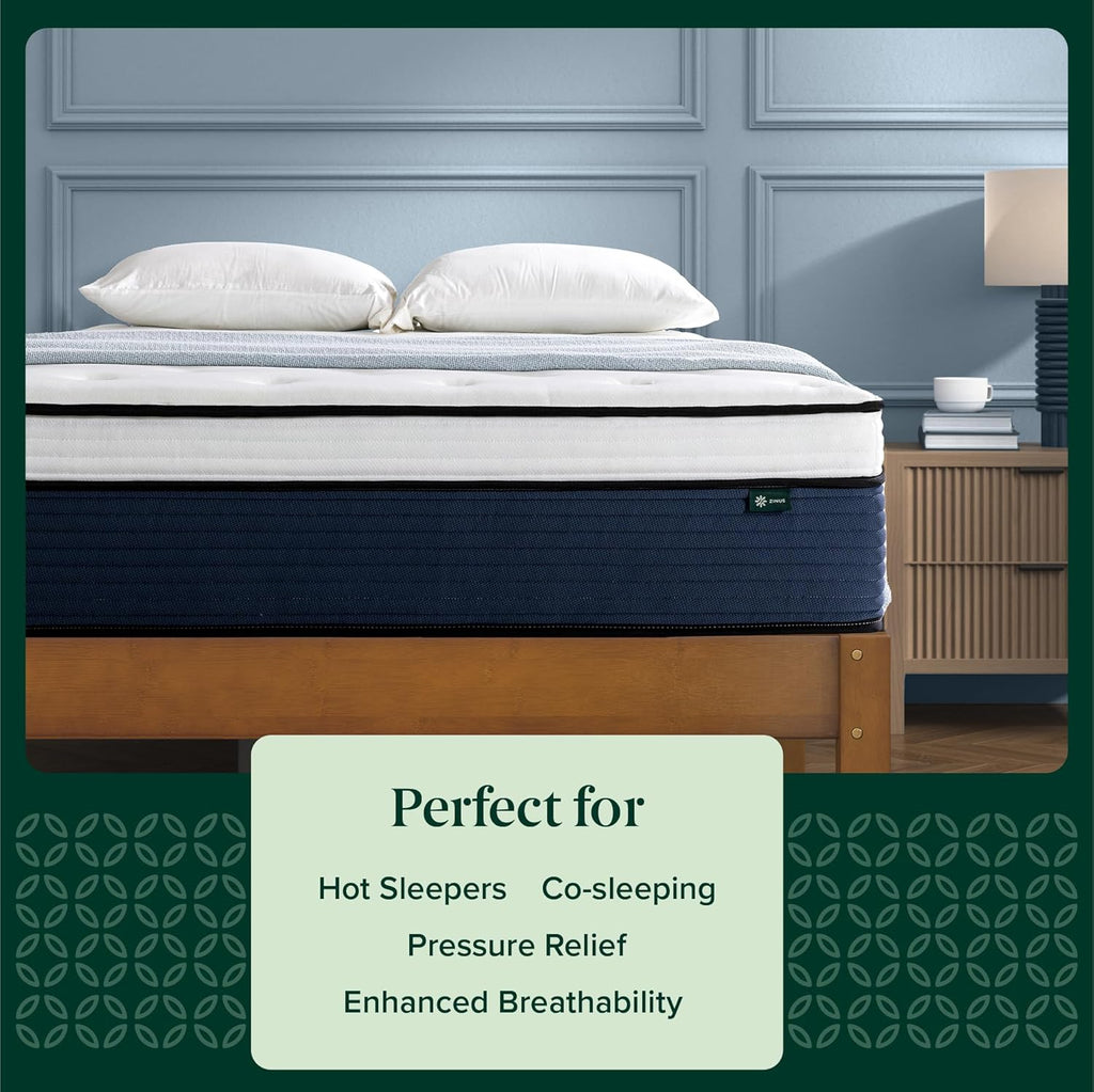 Zinus 14 Inch Cooling Comfort Support Hybrid Mattress New Version, Queen, Fiberglass Free, Medium Plush, Cooling Motion Isolation, Certified Safe Foams & Fabric, Mattress in A Box