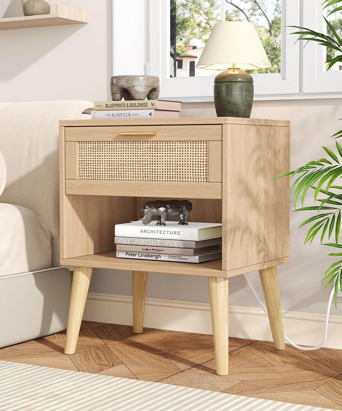 Keehusux 17.7" W x 15.7" D Rattan Nightstand Set of 2, Night Stand with Charging Station, Bedside Table with Open Shelf & Solid Wood Legs, Boho Night Stand with Drawer, End Table for Bedroom, Natural