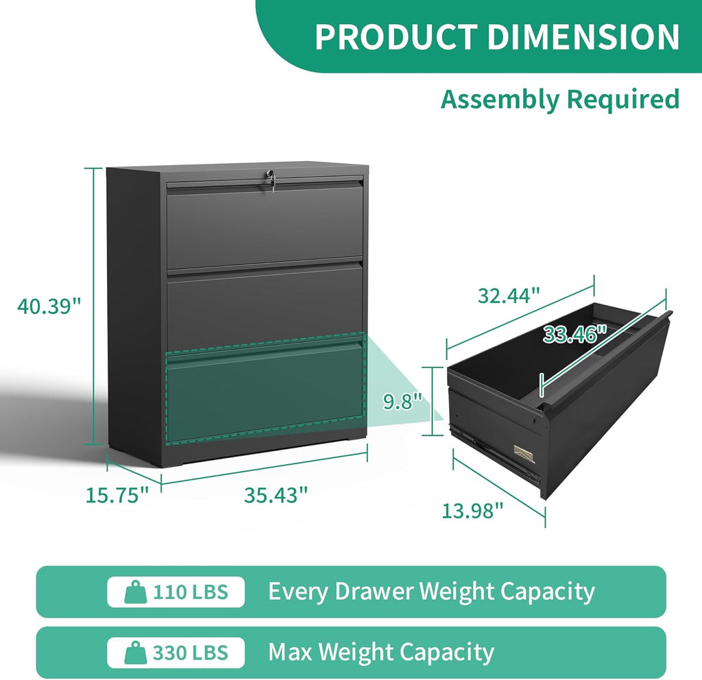 IKIMI 3 Drawer Lateral File Cabinets with Lock,Black Metal Lateral Filing Cabinet for Home Office,Wide Steel Storage Cabinet Commercial Drawer Cabinets for Legal/Letter/A4 Size Files Assembly Required