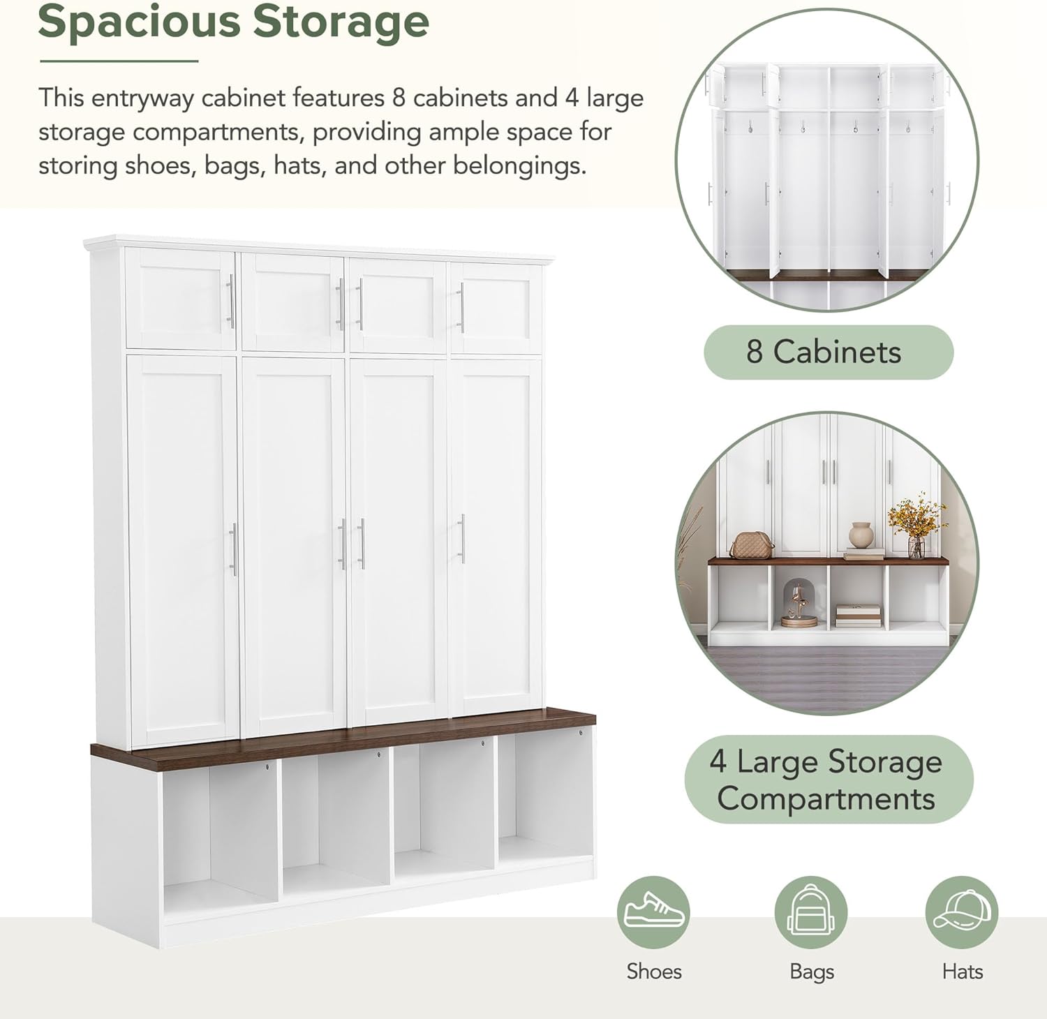 Versatile Hall Tree with 4 Hanging Hooks and Brown Wood Grain Bench,Entryway Cabinet with Open Compartments,for Hallway Entrance Mudroom Living Room (White#Storage)
