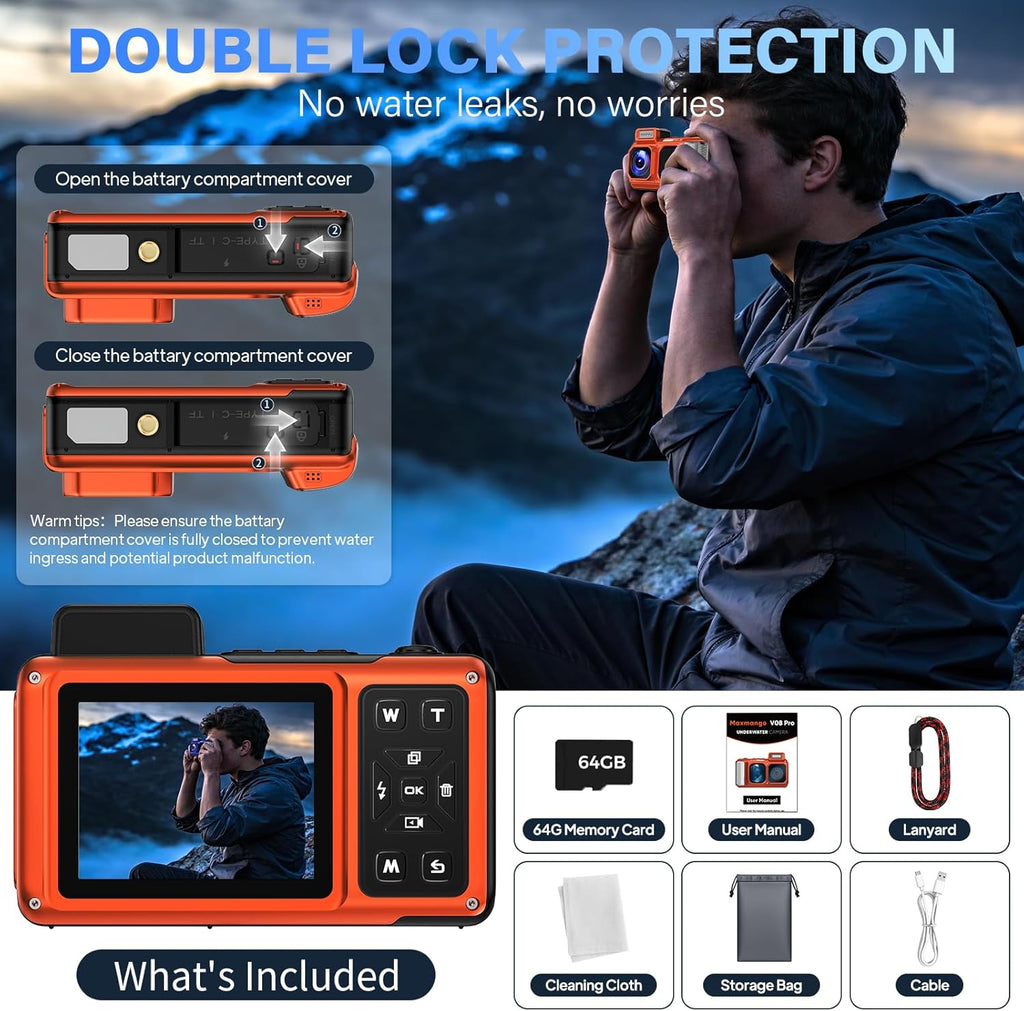 Maxmango V08 Pro 49FT Underwater Camera - 8K 90MP WiFi Waterproof Digital Camera with Touchscreen, Dustproof Shockproof Rugged Camera for Snorkeling, 64GB Point and Shoot Digital Digital Cam - Orange