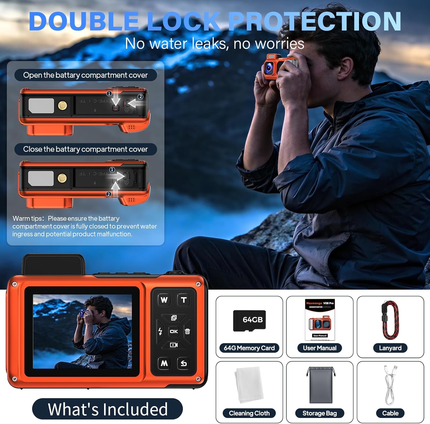 Maxmango V08 Pro 49FT Underwater Camera - 8K 90MP WiFi Waterproof Digital Camera with Touchscreen, Dustproof Shockproof Rugged Camera for Snorkeling, 64GB Point and Shoot Digital Digital Cam - Orange