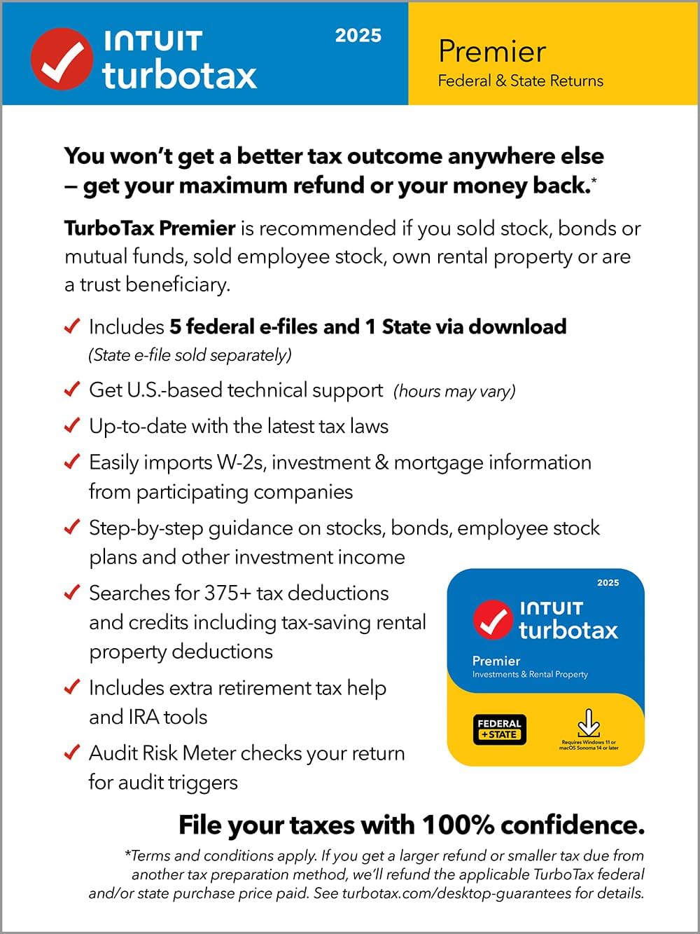 TurboTax Premier Desktop Edition 2025, Federal & State Tax Return Win11/Mac14 Download